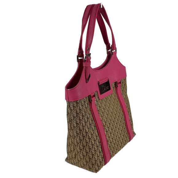 Dior Vintage Brown Monogram Canvas Street Chic Pink Leather Trim Shoulder Bag - Picture 3 of 9